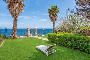 Un giardino curato con una poltrona da relax, palme e vista sul mare.