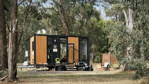 A modern, compact mobile home with a wooden exterior and large windows, situated in a grassy area with trees in the background. - Charmingly Tiny by Tiny Away (Springmount)