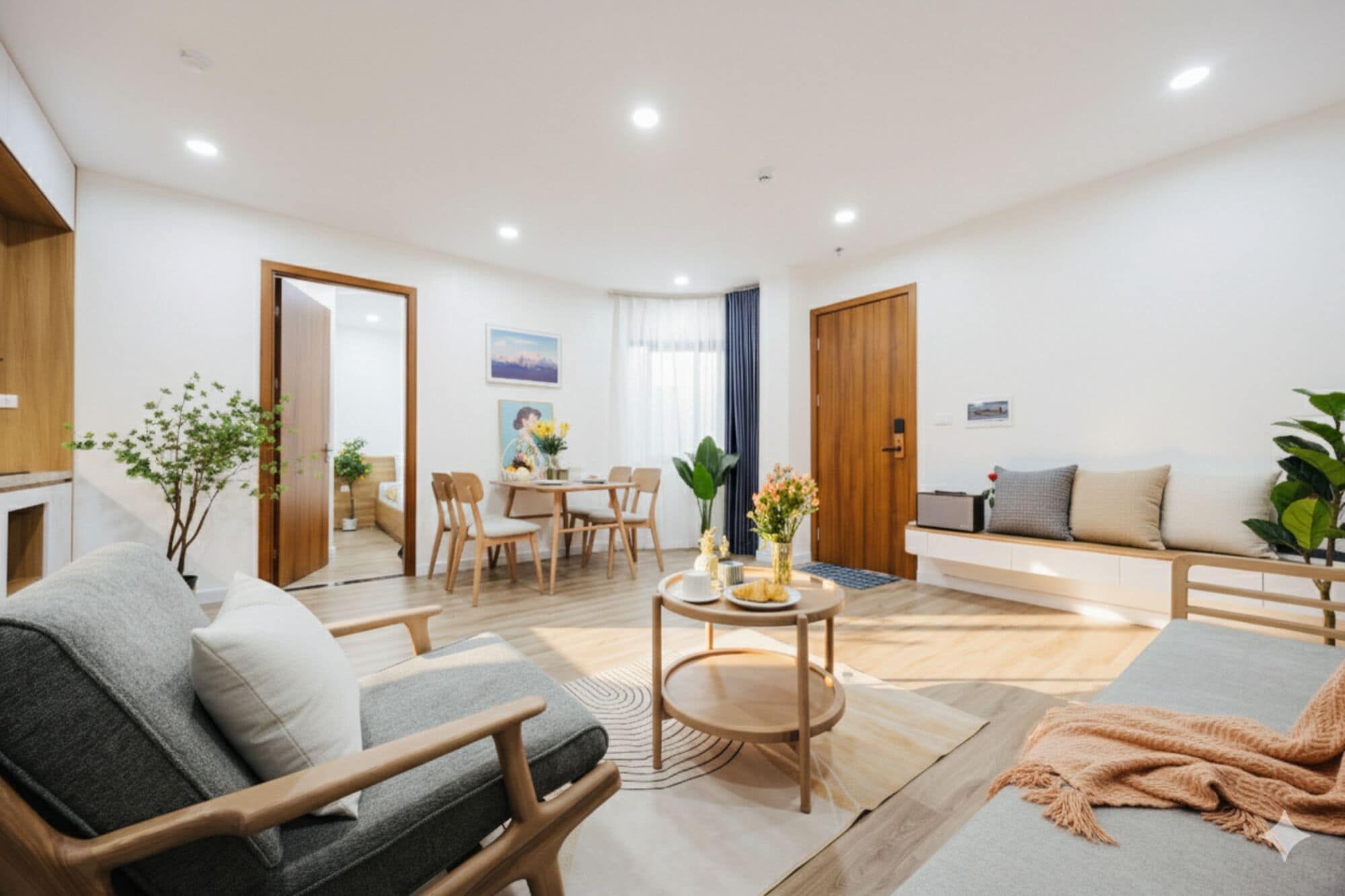 Una sala moderna con un sofá, una mesa de centro y una zona de comedor con sillas y una mesa.