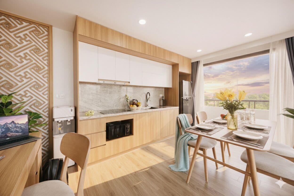 A modern kitchen with wooden cabinets, a built-in dishwasher, and a dining area with a table set for two.
