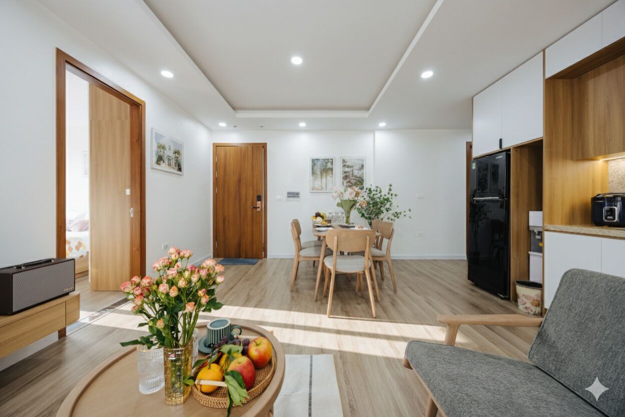 Un salon moderne comprenant un coin repas, un plancher en bois, un téléviseur et un panier de fruits.