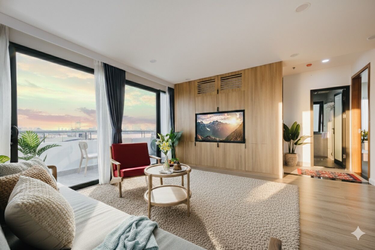Een moderne woonkamer met een groot raam, een rode fauteuil, een bank en een televisie.