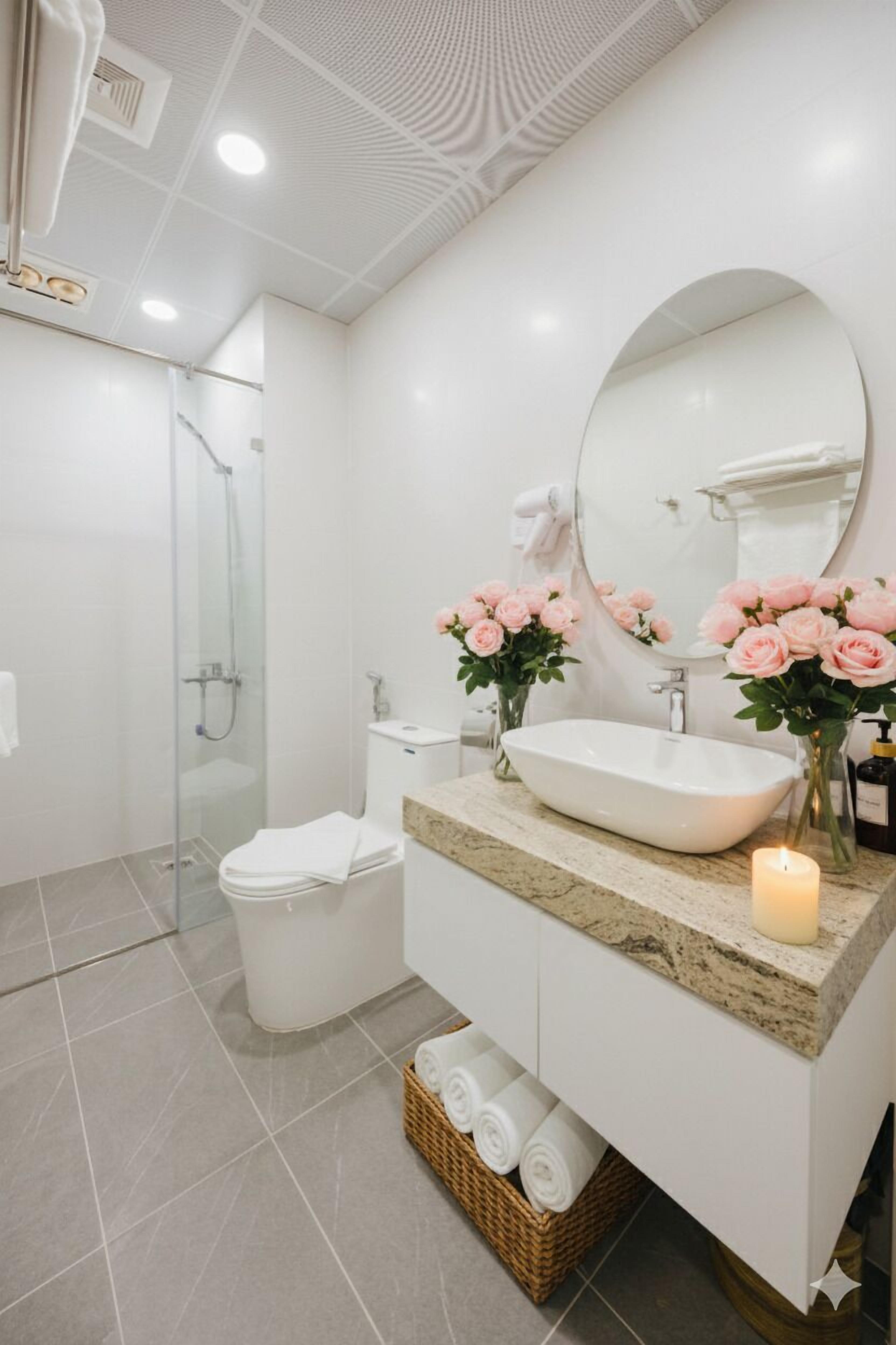 A modern bathroom with a glass shower enclosure, a white sink with a marble countertop, and two pink flower arrangements.