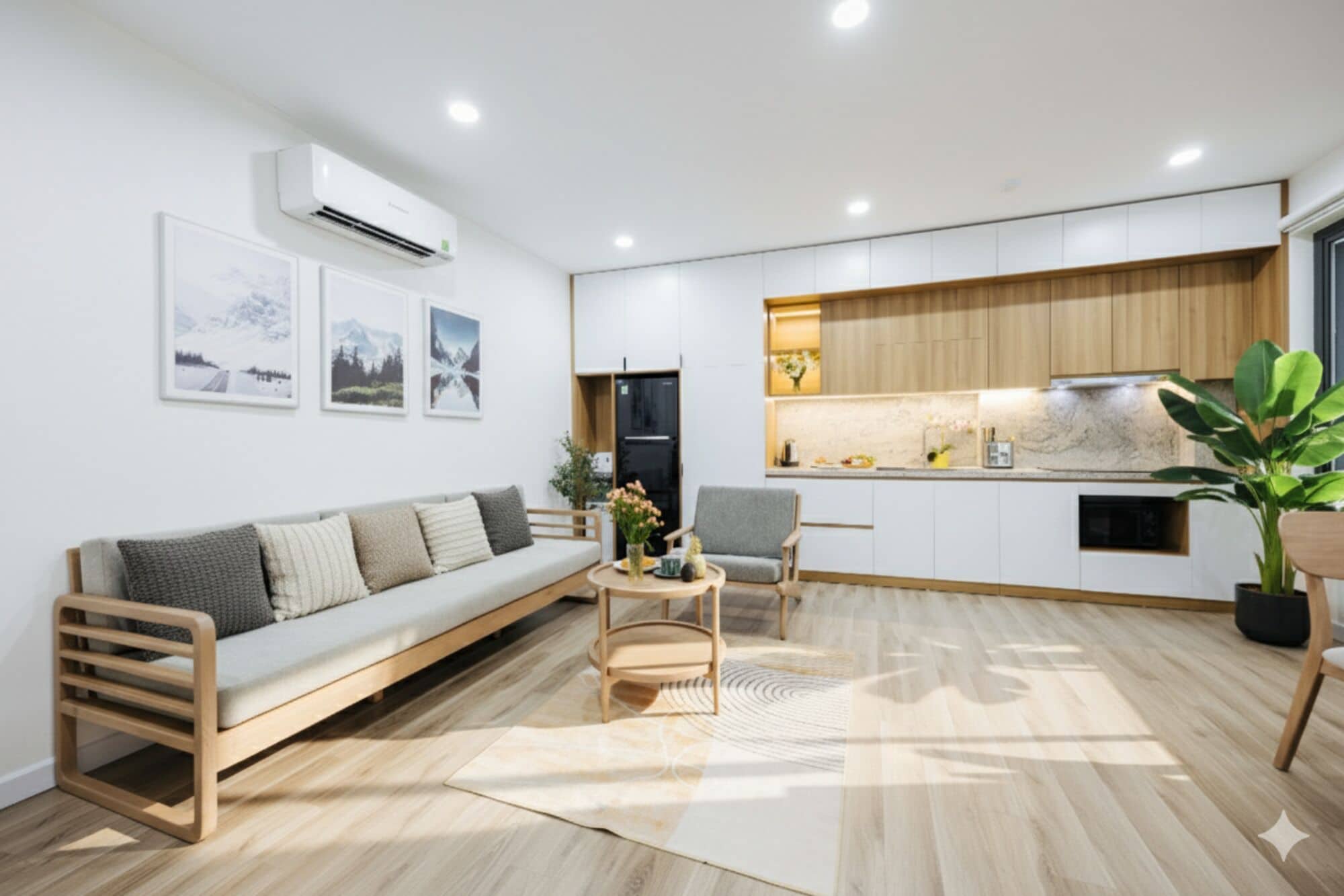 Uma sala de estar moderna com um sofá, uma mesinha e uma cadeira. Há uma área de cozinha com armários de madeira e bancada.