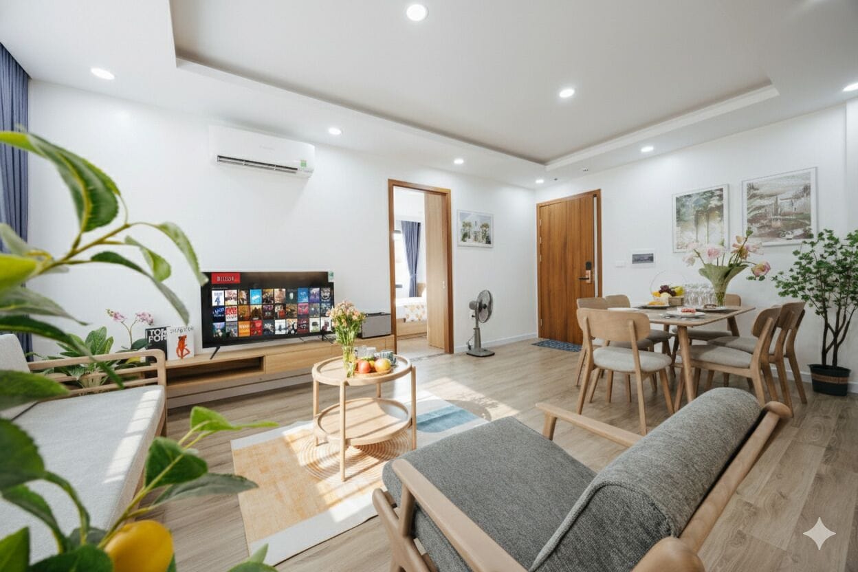 A modern living room with a sofa, dining table, and chairs. There is a TV on a stand, a small table with a vase, and a fan.