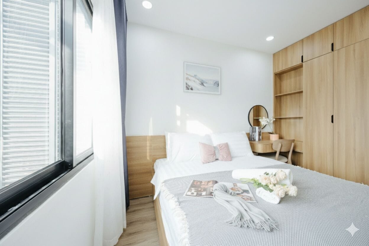 Un dormitorio moderno con una cama grande, una mesita de noche con espejo y un armario de madera.
