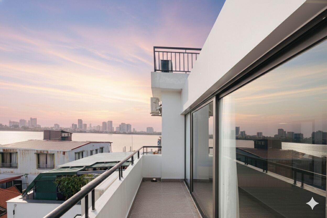 A modern balcony with a city view, a glass door, and a metal railing.