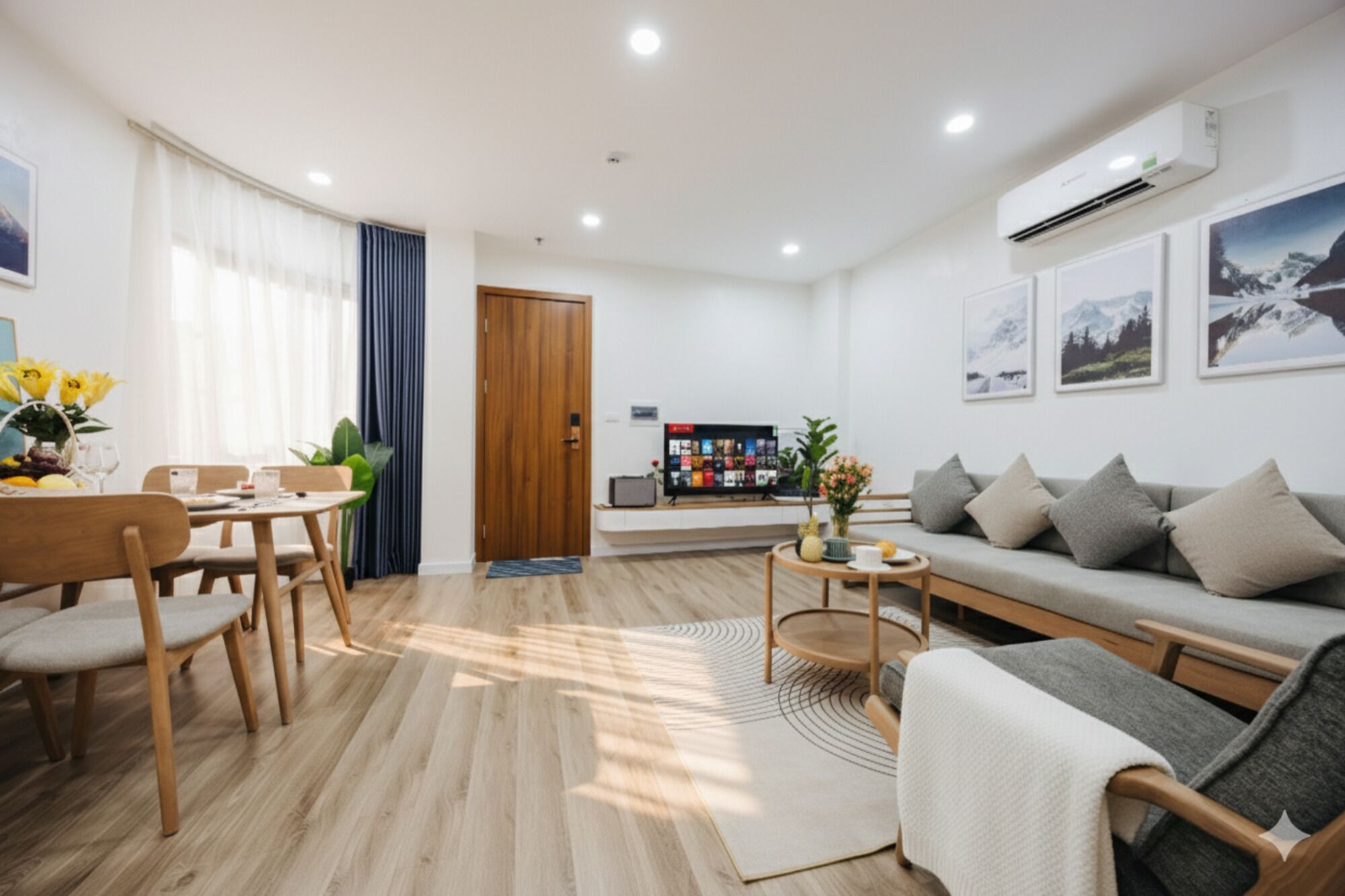 Una sala de estar moderna con un sofá, una mesa de comedor con sillas, un televisor y una mesa de centro.