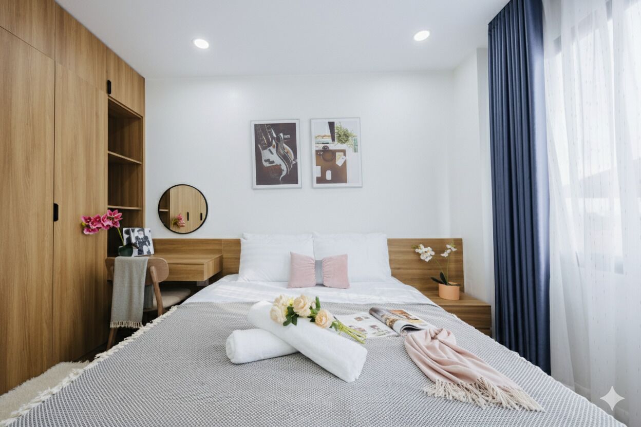 Une chambre moderne avec un lit, une armoire en bois, une table de chevet avec un miroir et deux tableaux encadrés accrochés au mur.