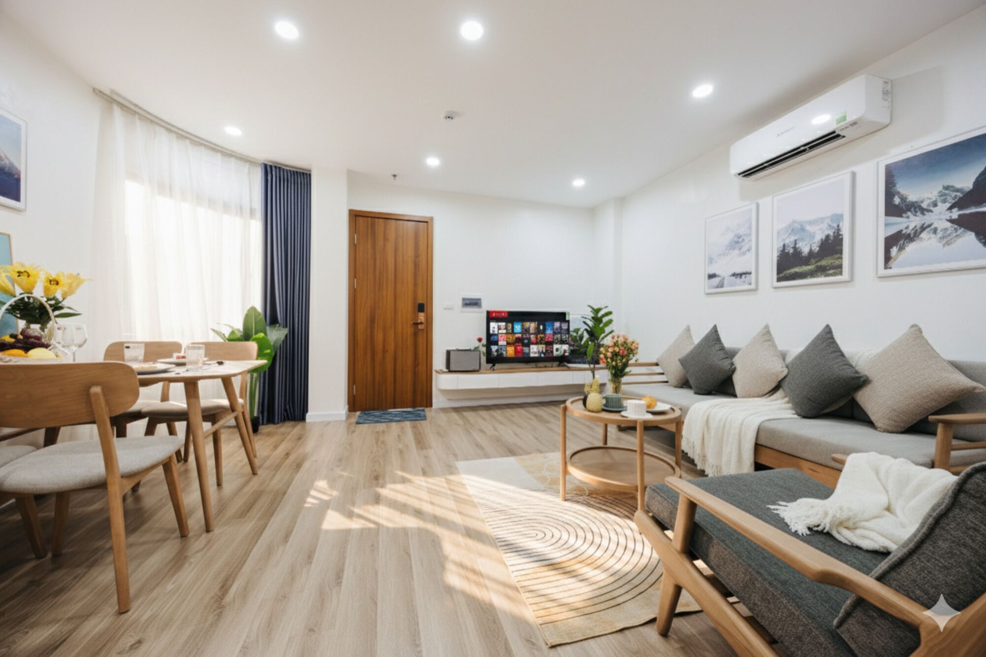 A modern living room with a sofa, a dining table, and a TV.