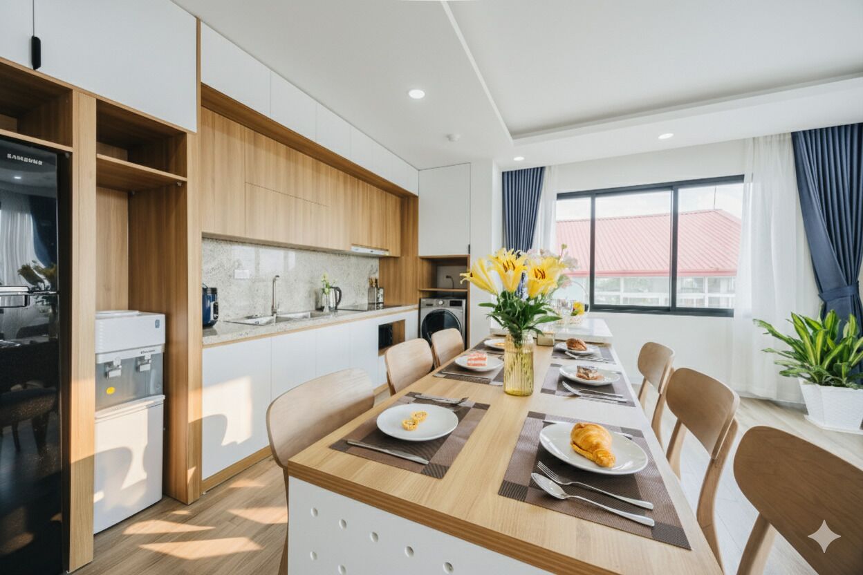 Een moderne keuken met houten kastjes, een eethoek met een tafel voor twee personen, en een groot raam met gordijnen.