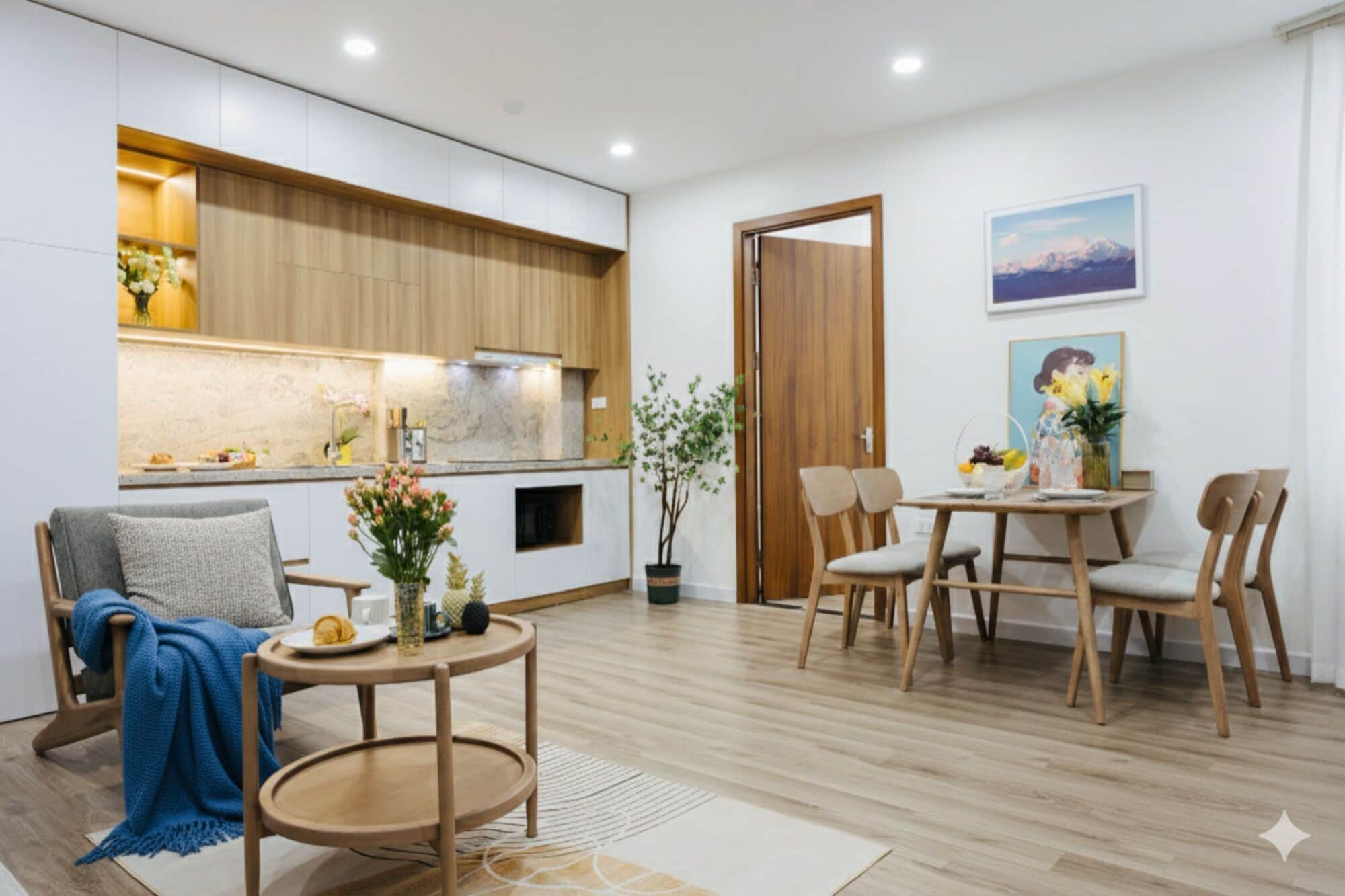 Un salon moderne avec un coin repas, un plancher en bois et une cuisine en arrière-plan.