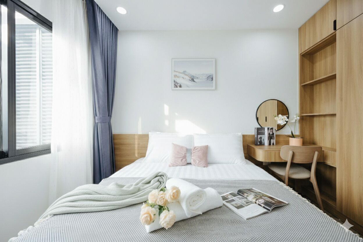 A modern hotel room with a neatly made bed, a bedside table with a lamp, a wooden wardrobe, and a window with curtains.