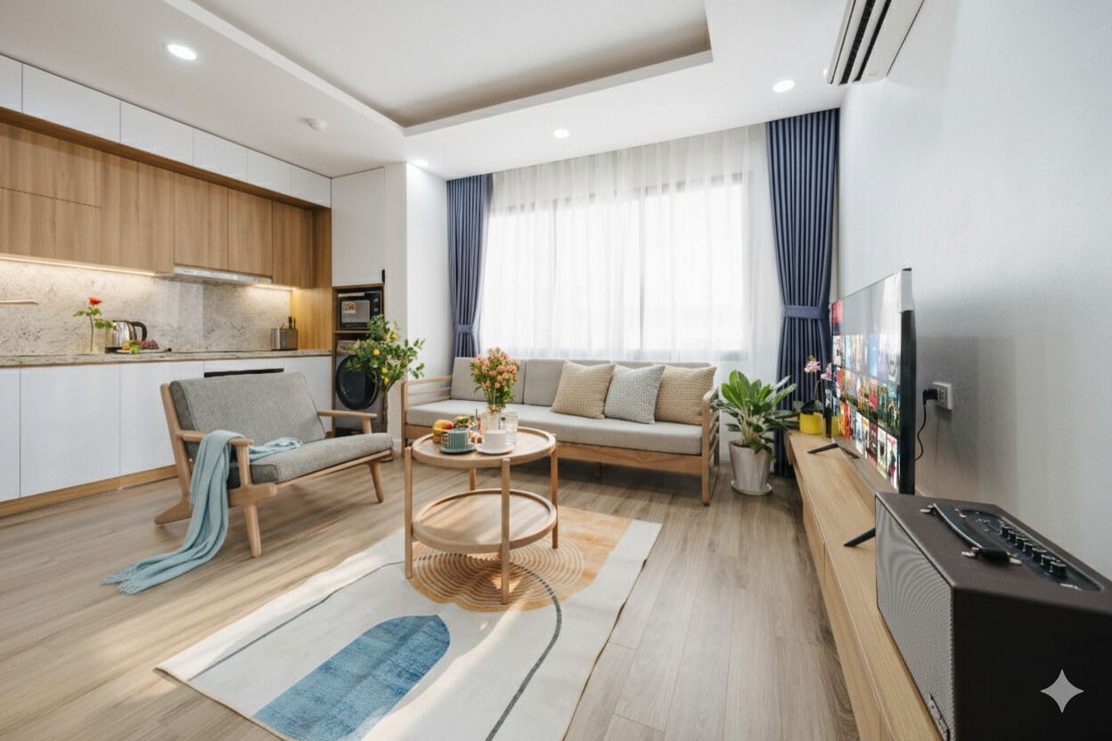 A modern living room with a sofa, coffee table, and TV. There is a kitchen area with wooden cabinets and a dining table.