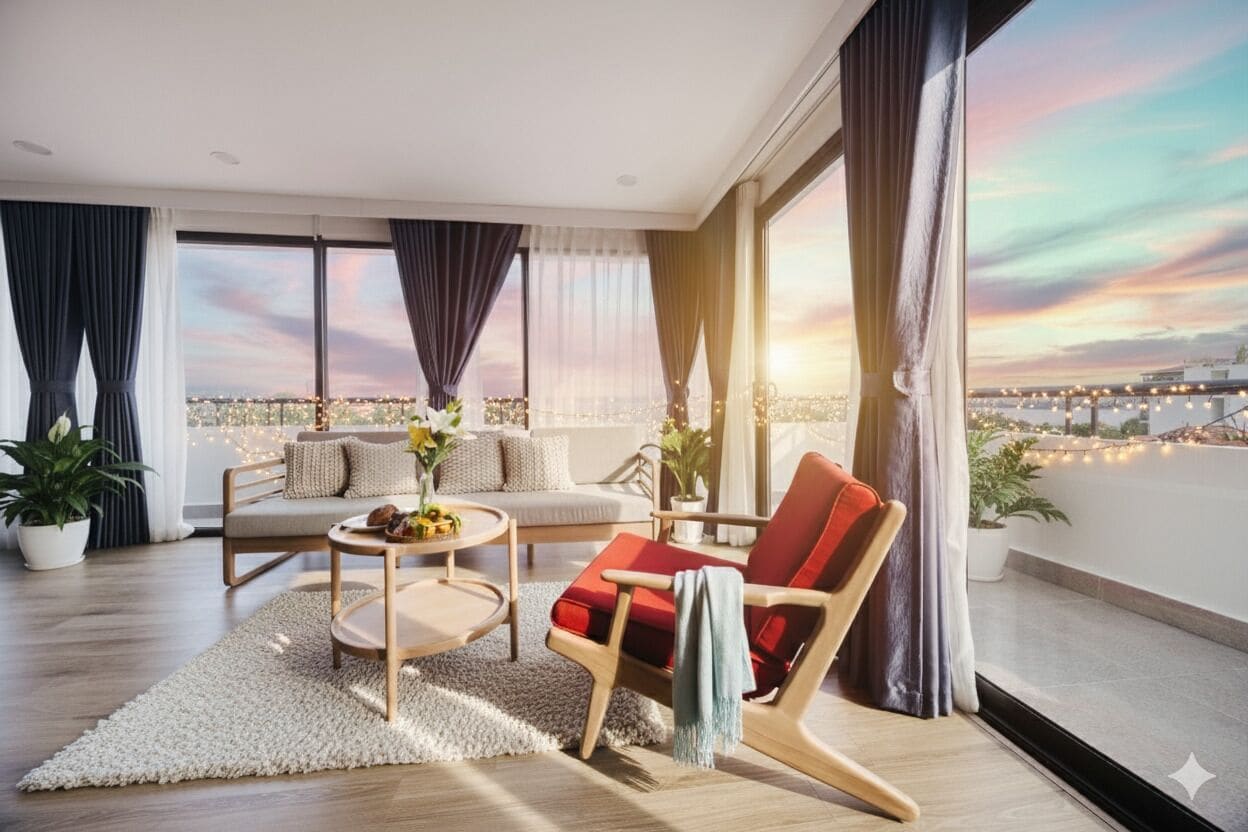 A modern living room with a sofa, a red chair, a coffee table, and a view of the cityscape at sunset.