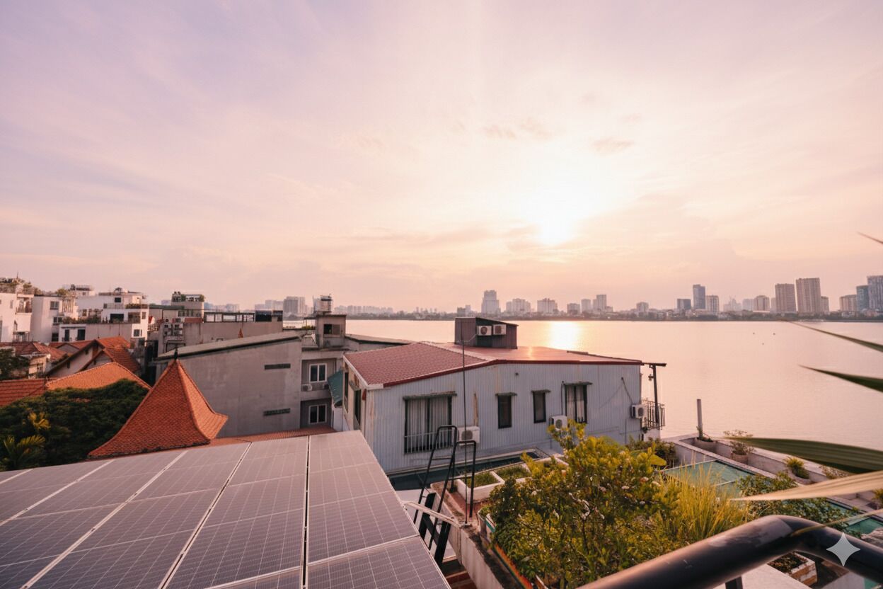 Una azotea con paneles solares, una piscina y vistas del horizonte urbano al atardecer.
