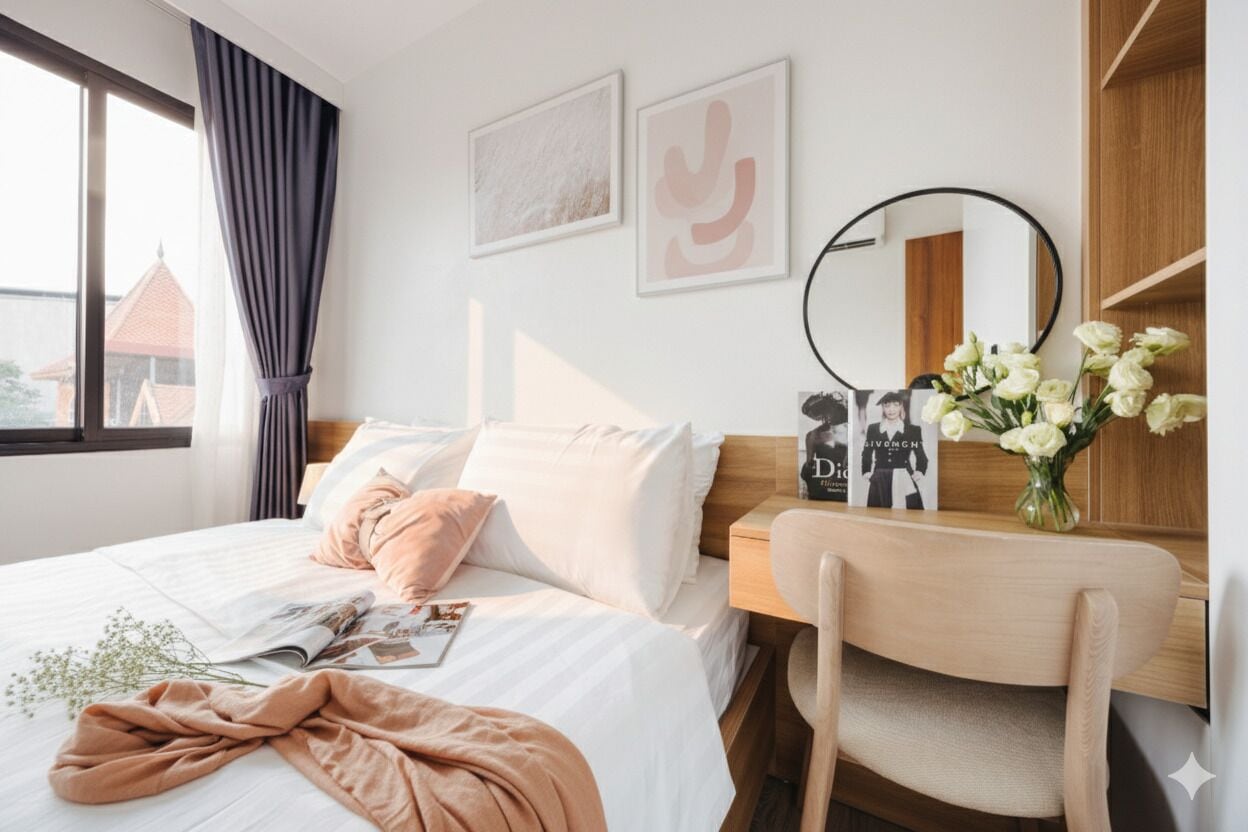 A hotel room with a bed, a wooden nightstand, a chair, a mirror, and a window with curtains.