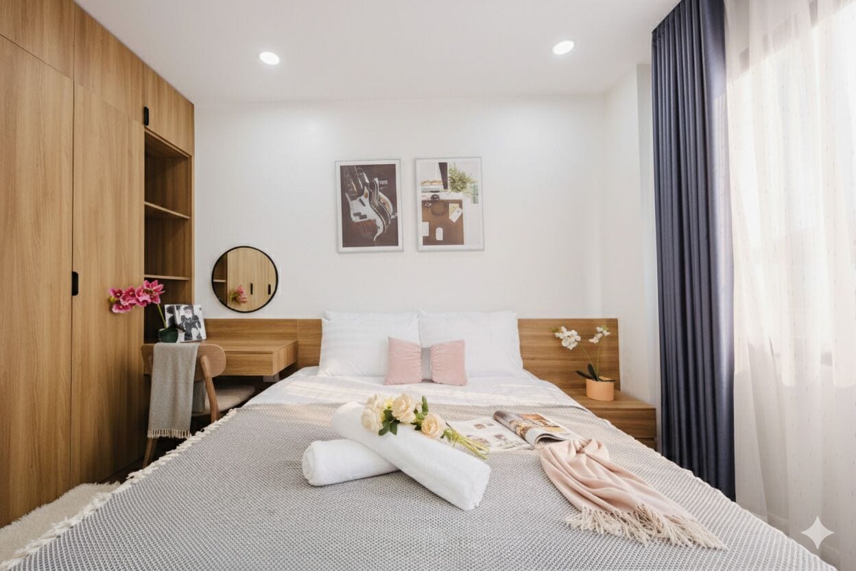 Un dormitorio moderno con una cama grande, un armario de madera, mesitas de noche y decoración en la pared.