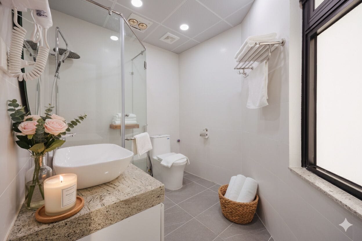 A modern bathroom with a large sink, a glass shower enclosure, a toilet, and a window.