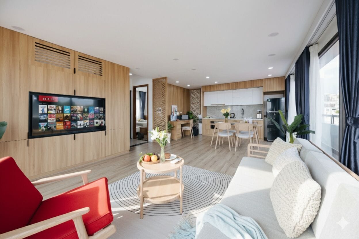 Uma sala de estar moderna com televisão, poltrona vermelha e uma mesa redonda com um vaso.