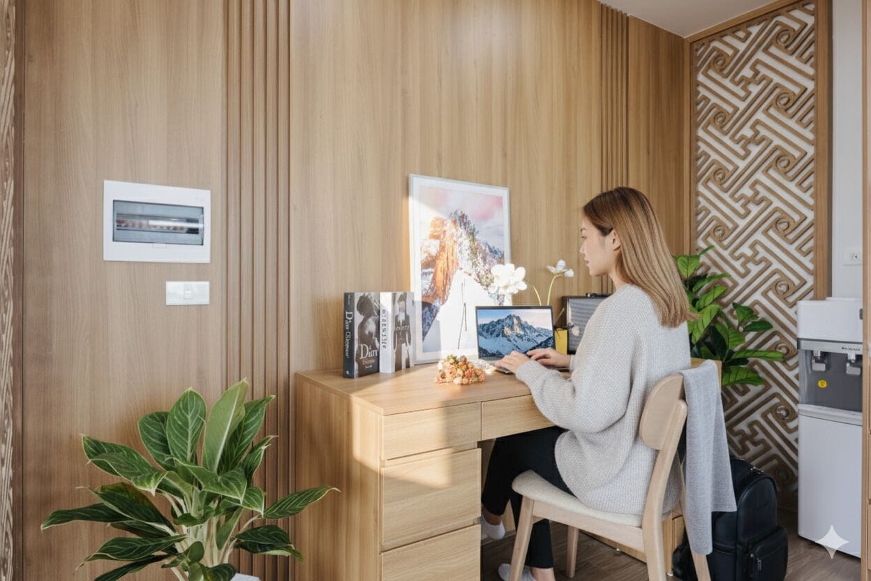 A person sitting at a wooden desk with a laptop, surrounded by books and a plant.