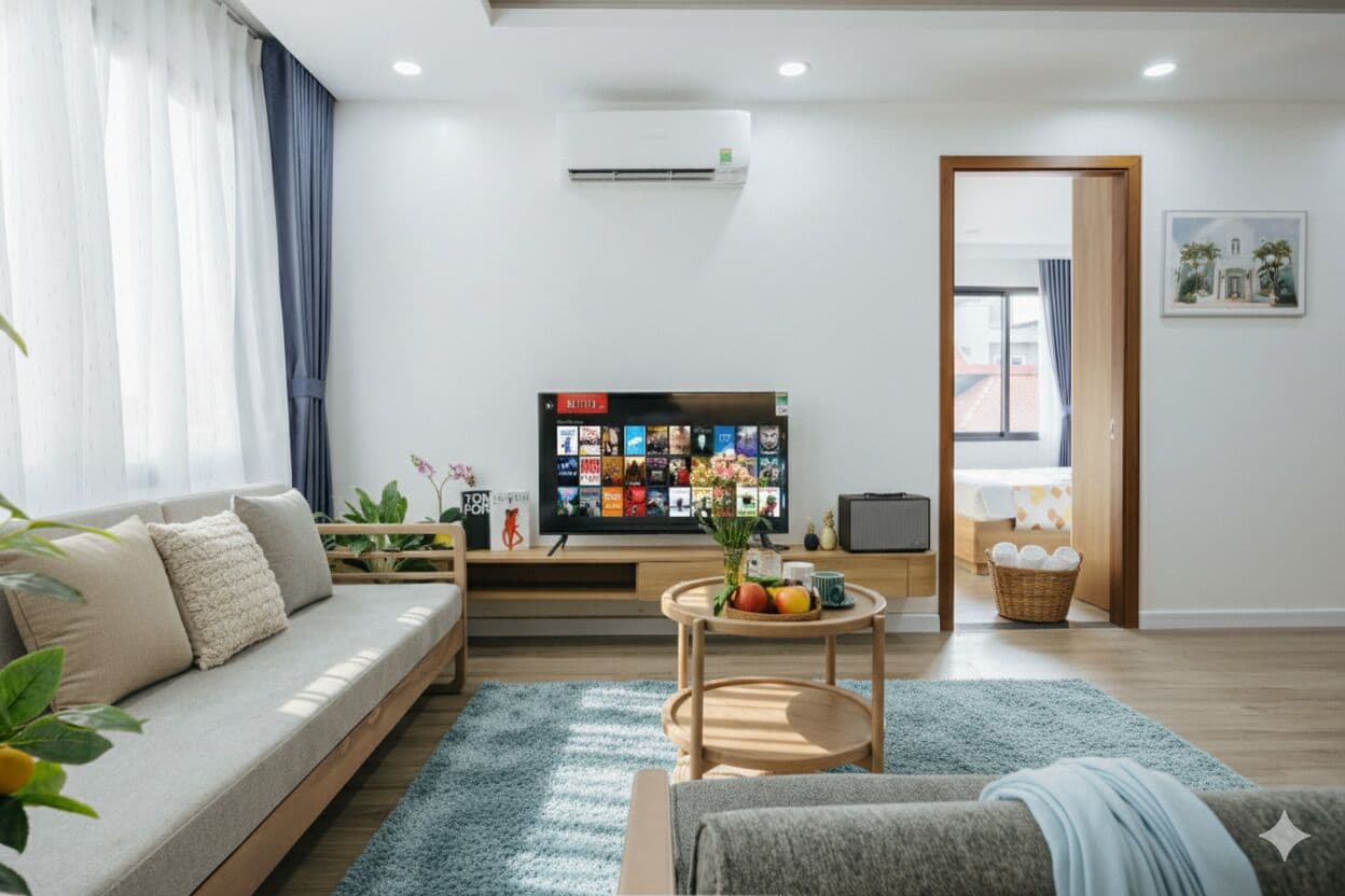 A modern living room with a sofa, a coffee table, and a flat-screen TV.
