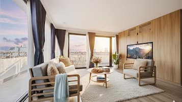 Suite Deluxe, vistes al llac | Sala d'estar | Televisor de pantalla plana de 52 polzades amb canals per cable
