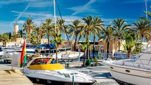 A marina with multiple boats docked, surrounded by palm trees and buildings.