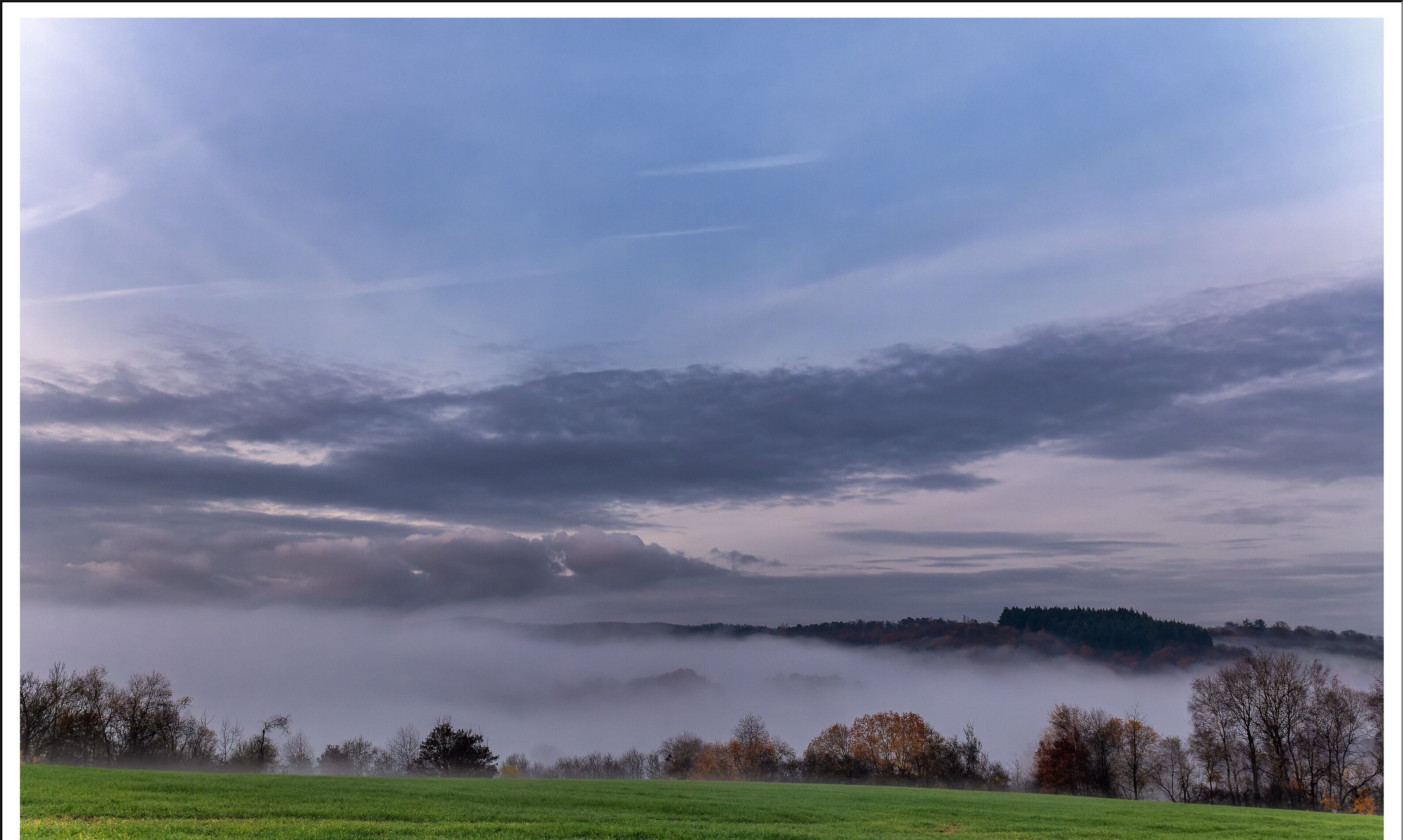 Eine Landschaft mit einem Feld, Bäumen und einer entfernten Hügelkette.