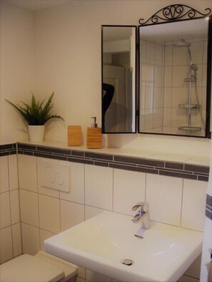 Shower, hair dryer, towels - Apartment 'Ferienhaus Kaline' with Private Terrace, Private Garden and Wi-Fi (Grebenhain)