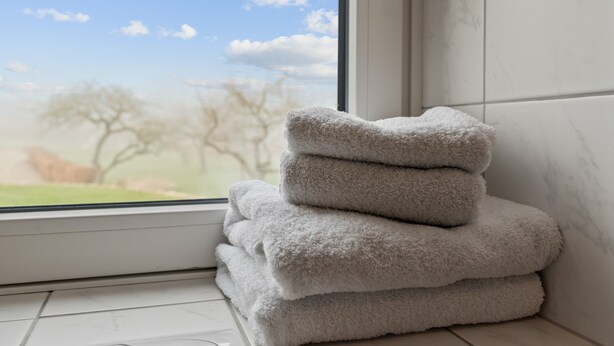 A stack of white towels by a window with a view of trees and sky. - Apartment 'Küstenkind' with Private Terrace, Private Garden and Wi-Fi (Westerholz)