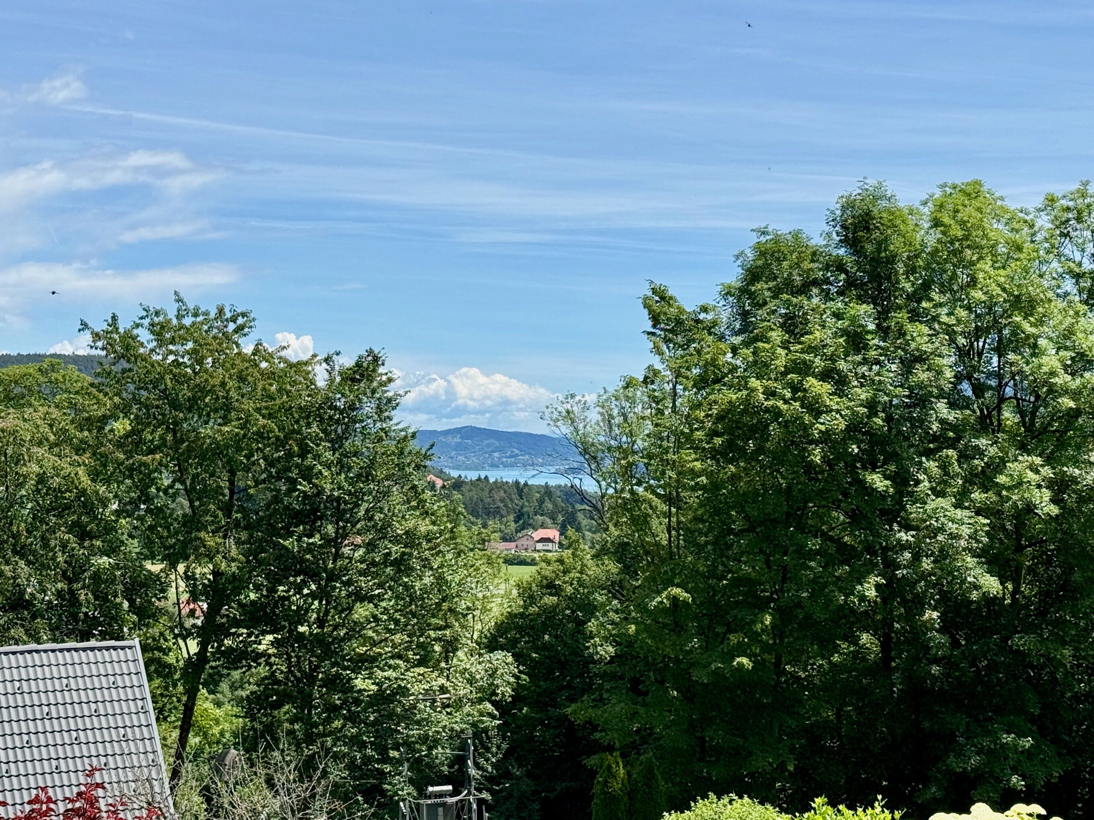 Une vue sur un paysage montagneux, avec des arbres et un bâtiment visible au loin.