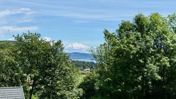 Une vue sur un paysage montagneux, avec des arbres et un bâtiment visible au loin.