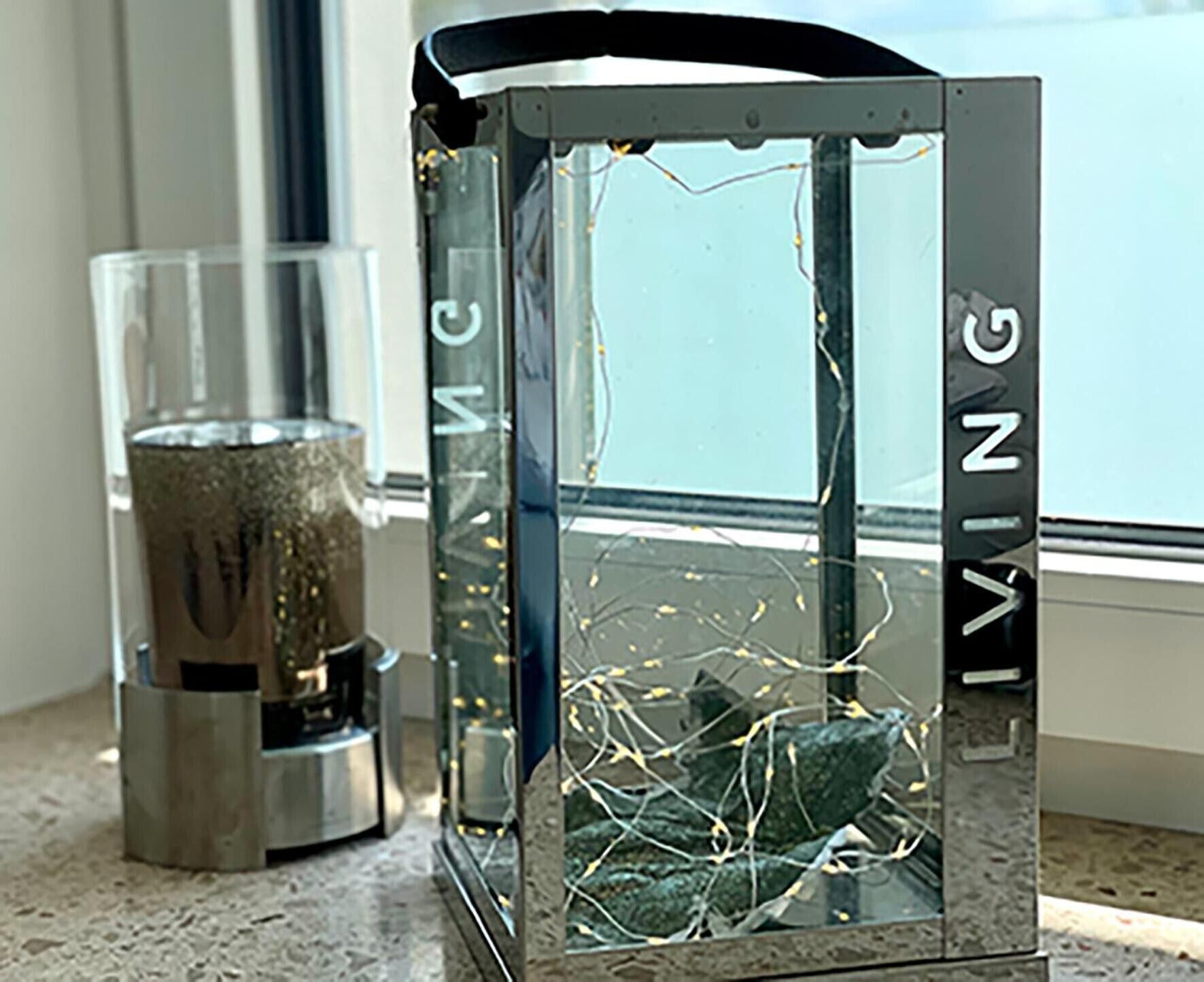 A clear glass enclosure with the word 'LIVING' on its side, containing a decorative arrangement of twigs and lights.