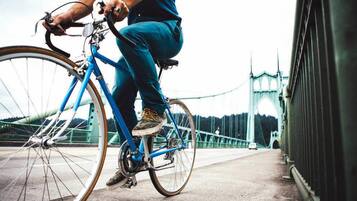 Eine Person fährt ein blaues Fahrrad über eine Brücke, im Hintergrund eine große Bogenkonstruktion.