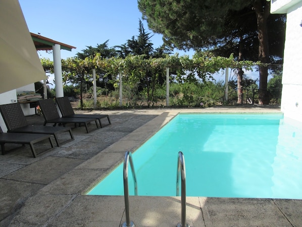 Relax by the serene pool surrounded by lush greenery and lounge chairs.