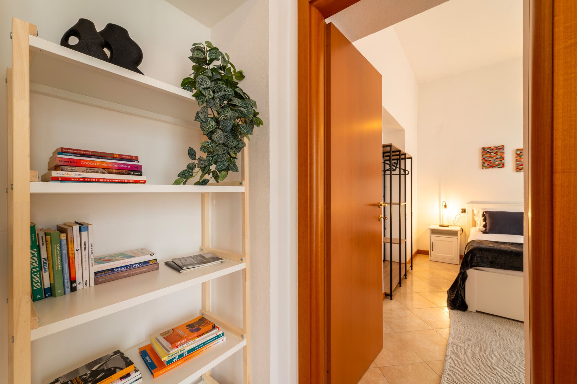 A hallway with a bookshelf, a potted plant, and a bed in the adjacent room.