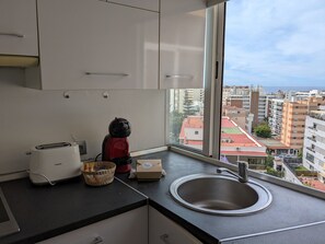 Fridge, microwave, coffee/tea maker, toaster