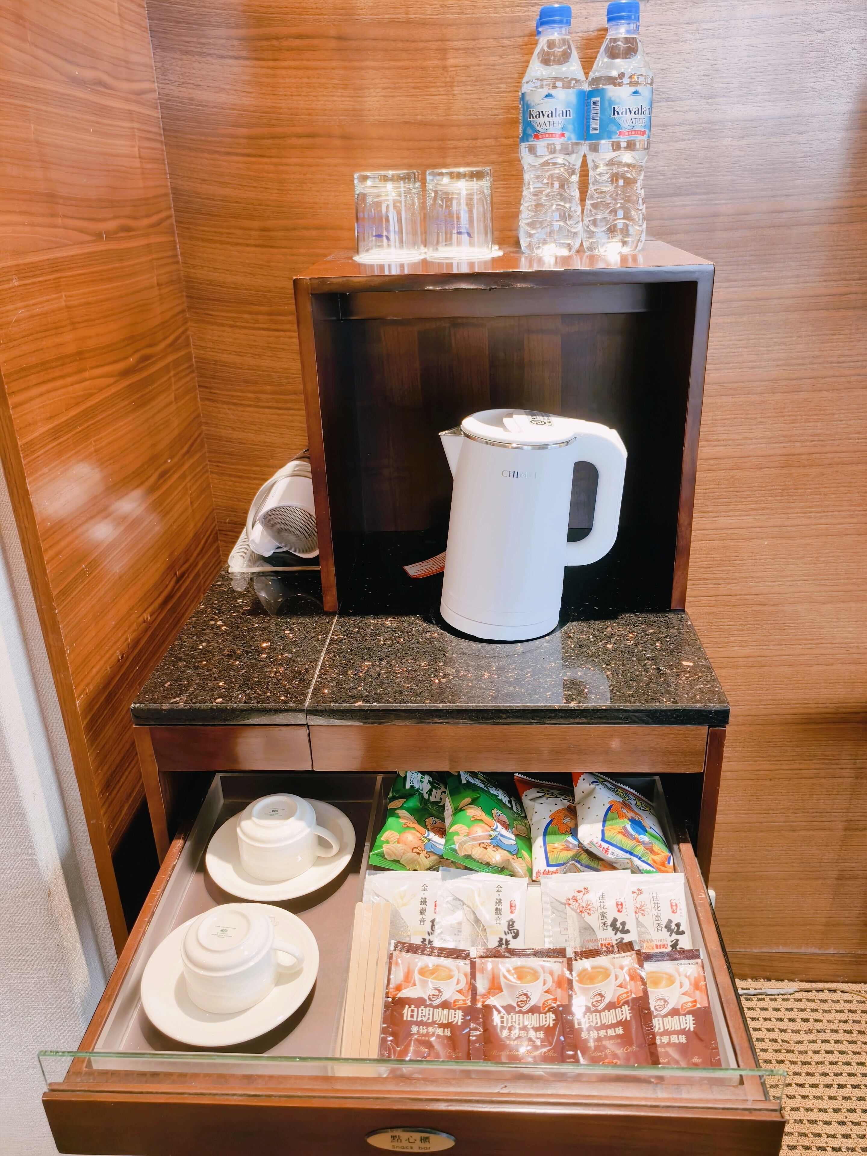 Minibar de una habitación de hotel con cafetera, botellas de agua, vasos y sobres de té.