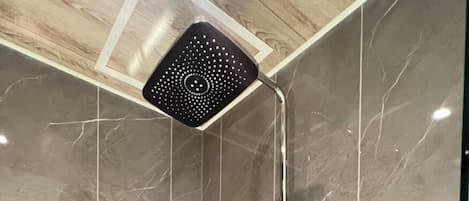 Une douche équipée d’un pommeau de douche à main, d’un panneau de commande mural et d’un pommeau de douche à main.