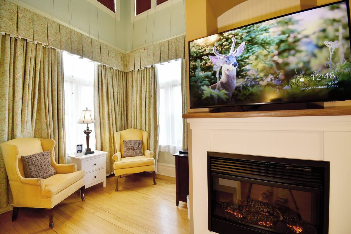 A living room with a fireplace, two armchairs, a television displaying a deer, and curtains.