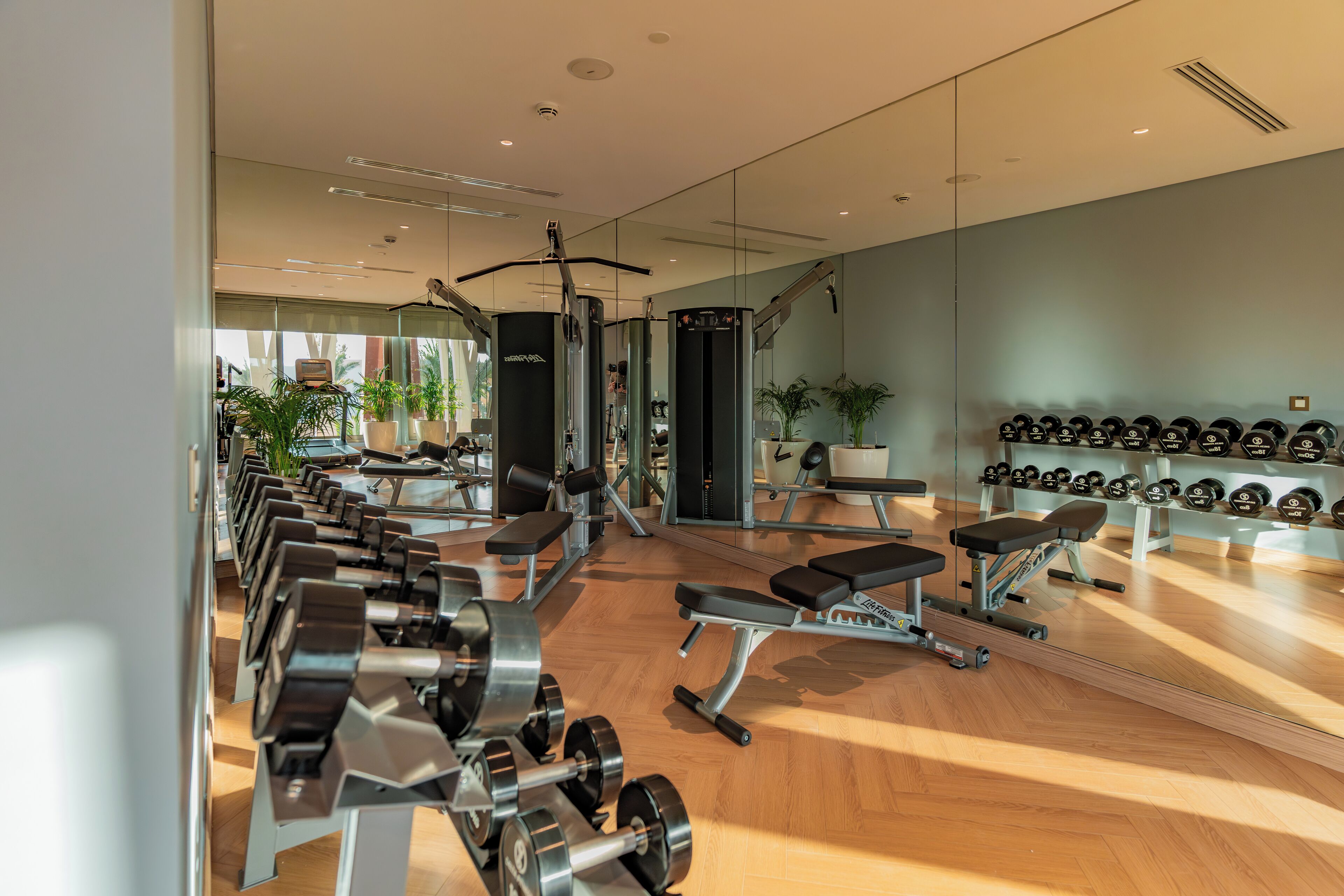 A modern gym with various exercise equipment, including dumbbells and benches, and a large mirror wall.
