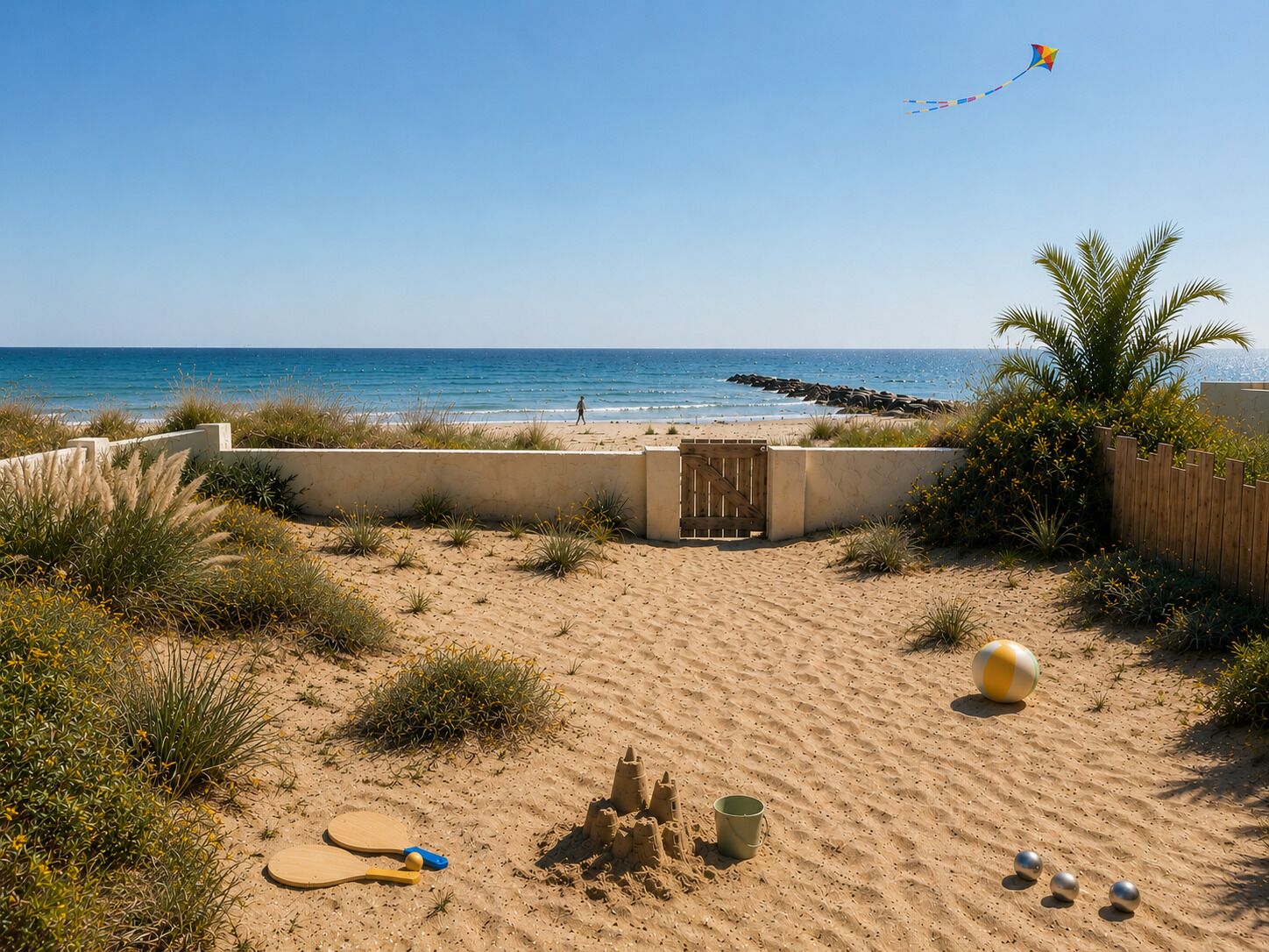 Plage, chaises longues, serviettes de plage