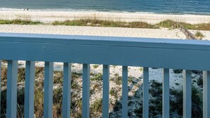 A beach with a rainbow, a wooden deck, and a view of the ocean. - Oceanfront Condo | Couples | Cozy (Port St. Joe)