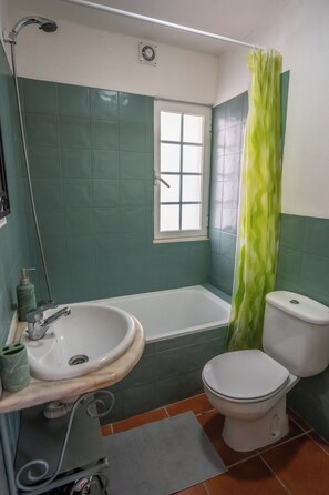 Secadora de cabello, toallas, jabón, papel de baño 