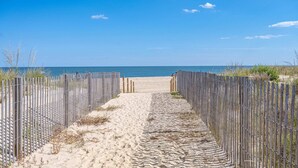 A sandy pathway leading to a beach with a clear blue sky. - Direct Oceanfront with Pool - Steps To The Beach (Ocean City)
