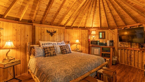 Cabin, 1 King Bed, Patio, Mountain View (Boulder Pod: Rocky Top) | 1 bedroom, individually decorated, individually furnished, bed sheets - Glamping in Eagles Nest! Cedar Yurt With King Bed, TV, Wifi, Summer Concerts! (Banner Elk)