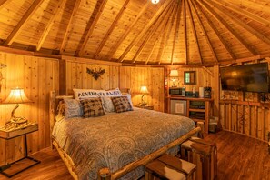 Cabin, 1 King Bed, Patio, Mountain View (Boulder Pod: Rocky Top) | 1 bedroom, individually decorated, individually furnished, bed sheets - Glamping in Eagles Nest! Cedar Yurt With King Bed, TV, Wifi, Summer Concerts! (Banner Elk)