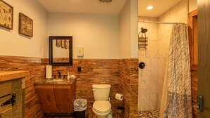 Cabin, 1 King Bed, Patio, Mountain View (Boulder Pod: Rocky Top) | Bathroom | Designer toiletries, towels, toilet paper - Glamping in Eagles Nest! Cedar Yurt With King Bed, TV, Wifi, Summer Concerts! (Banner Elk)