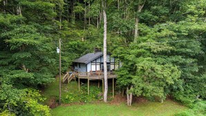 A cabin surrounded by dense forest, with a wooden deck and a small fire pit in the yard. - Rivers Edge in Todd (Todd)
